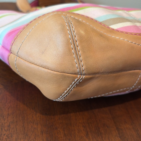 Coach Hampton striped mini bag  Vintage canvas pink green/2 color leather handle - Picture 7 of 15